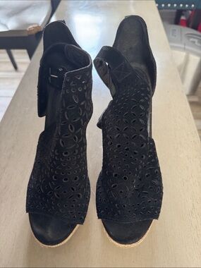 Marc Fisher Black Suede Perforated Open-Toe Wedges
